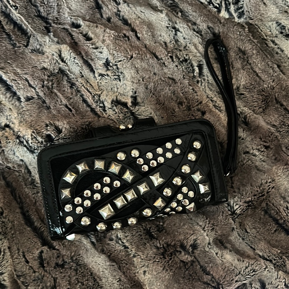 Nicole Lee Designer Black Studded Clutch with detachable wrist strap